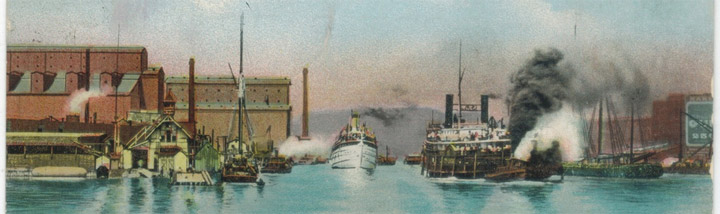 Old postcard showing boats and the mouth of the Chicago River.