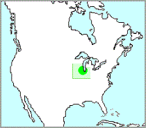 Map of North America showing location of Chicago area.