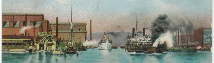 Old postcard showing boats and the mouth of the Chicago River